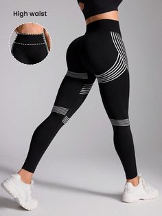 Black and White  Collar  Fabric Colorblock,Striped Regular Embellished High Stretch All Women Activewear Black Elastic Workout Leggings, Elastic Black Gym Leggings, Black Elastic Gym Leggings, Elastic Black Leggings For Gym, Black Seamless Tight Leggings, Black High Stretch Seamless Tights, Black Stretch Seamless Tights, Black Stretch Tights With Seamless Construction, Black High-stretch Seamless Tights