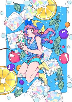 a drawing of a girl surrounded by fruit and ice