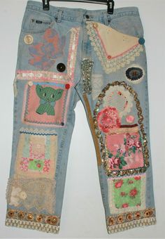 Like nothing I have seen. A very unique pair of women's LEE vintage jeans. Hand stitched patchwork is comprised of antique/vintage material, lace, sequence, buttons, beads, and so much more. Each time you look at these jeans--you spot something new and unique. Created by a woman who is commissioned in this type of individual design work. I am showcasing her work on eBay. I have found little anywhere to compare to this unique pair of jeans. I have also placed pictures of the LEE metal waist butto Patchwork Clothing Scrap Fabric, Jean Patches Ideas, Recycle Jeans Clothes, Quilted Jeans, Denim Recycle, Denim Patchwork Jeans, Patch Clothes, Applique Jeans, Custom Jean