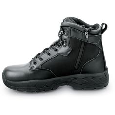 Waterproof full grain leather with 1000 denier nylon upper. PU cup insole. Phylon midsole. Inside quarter zipper. SR Max MaxTrax oil and slip resistant rubber outsole. Soft toe. No safety toe cap. Functional Leather Combat Boots With Reinforced Toe, Leather Combat Boots With Shock Resistance, Functional Leather Waterproof Boots With Shock Resistance, Impact Resistant Leather Combat Boots For Hiking, Leather Combat Boots For Hiking, Impact Resistant, Shock Resistant Leather Waterproof Boots For Safety, Functional Leather Slip-resistant Combat Boots, Functional Slip-resistant Leather Combat Boots, Tactical Leather Hiking Boots With Slip Resistance