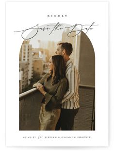 a couple standing next to each other with the words save the date printed on it