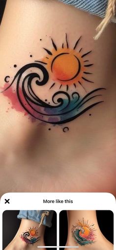 an image of a woman's stomach with sun and waves tattoo on the side