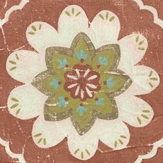 a flower is shown in the middle of a tile design on a red background with green, white and blue accents