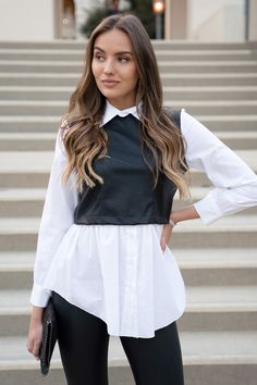 Button Up Collared Shirt Outfit, White Shirt And Vest Outfit, Faux Leather Vest Outfit, Therapist Fits, White Collared Shirt Outfit, Leather Top Outfit, White Vest Outfit, Business Fits, Black Is The New Black