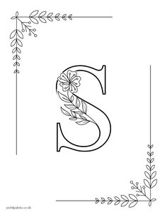 the letter s is decorated with flowers and leaves in black and white coloring book page