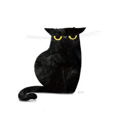 a drawing of a black cat with yellow eyes