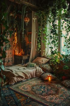 a bedroom with plants and rugs on the floor next to a large window in front of it