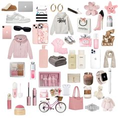 a collage of pink and white items including clothing, shoes, lipstick, perfume bottles