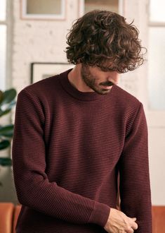 Male Sweater, Male Wardrobe, Male Sweaters, Deep Autumn, Christmas 2022, Faded Denim, Burgundy Sweater, Clothing Inspiration, Dark Khaki