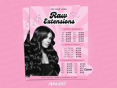 a pink poster with the name raw extensions on it and a photo of a woman's face