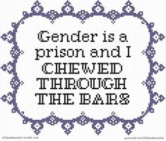 a cross stitch pattern with the words, gender is a prison and i knew through the bars