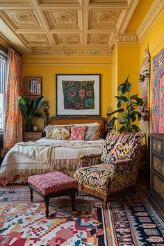 a bedroom with yellow walls and colorful rugs