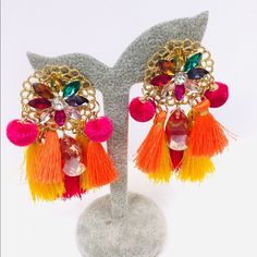 Large Statement Style Ethnic Indian Pakistani Earrings. With Sparkling Colorful Rhinestones And Multi-Color Tassels, Mandala Symbol. Definitely A Compliment Catcher, Or At Least Head Turns. Truly Traditional Ethnic Statement. Free Gift Fast Shipping Statement Earrings, Dangle Earrings, Wedding Set, Bridal, Mehndi Haldi, Mayun Dress, Haldi Dress, Sangeet, Desi Earrings, Ethnic Earrings, Tassel Earrings. Pakistani Jewelry, Afghani Earrings, Indian Jewelry, Wedding Set. Bohemian Multicolor Crystal Earrings For Party, Bohemian Bridal Earrings With Latkans For Festive, Festive Bohemian Bridal Earrings With Latkans, Bohemian Pink Chandelier Earrings For Party, Bohemian Jeweled Crystal Earrings For Party, Pink Bohemian Chandelier Earrings For Party, Traditional Tassel Drop Earrings For Party, Bohemian Multicolor Danglers For Diwali, Festive Party Beaded Latkan Earrings