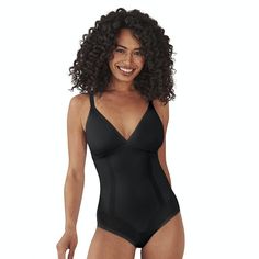 This firm-control Ultimate Smoothing Bodysuit form Bali offers removable foam cups for both support and modesty - all without wires. Designed with 360-degree smoothing, this bodysuit is detailed with a plunge V-neckline, non-slip straps, a cotton-lined gusset and convenient hook & eye closure. Click on this INTIMATES & SLEEPWEAR GUIDE to find the perfect fit and more!This all-in-one bodysuit offers firm control and wireless comfort. Designed with removable foam cups for support and modesty, it p Black Contoured Shapewear Bodysuit, Black Shapewear Swimwear, Black Swimwear With Medium Bust Support And High Stretch, Black Shaping Swimwear Shapewear, Black Shaping Swimwear, High Stretch Black Swimwear With Full Coverage, Black Full Coverage High-stretch Swimwear, Black Full Coverage High Stretch Swimwear, Black Underwire Bodysuit In Elastane