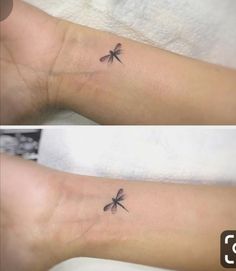 two pictures of a dragonfly tattoo on the left wrist and right arm, both with black ink