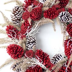 a christmas wreath with red and white pine cones