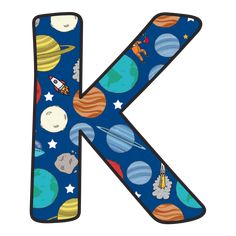 the letter k is made up of planets and stars, with an outer space theme