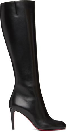 Knee-high buffed calfskin boots in black. · Zip closure and elasticized gusset at inner side · Leather lining · Covered stiletto heel with rubber injection · Signature red leather sole · Heel: H3.25 in Supplier color: Black Evening Calf Leather Platform Boots With Sculpted Heel, Black Calf Leather Heeled Boots With High Shaft, Black Heeled Boots With High Shaft In Calf Leather, Black High Shaft Calf Leather Heeled Boots, Formal Calf Leather Platform Boots With Leather Sole, Formal Calf Leather Platform Boots, Sleek Calf Leather Platform Boots For Formal Occasions, Evening Knee-high Platform Boots In Calf Leather, Evening Knee-high Calf Leather Platform Boots