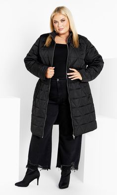 Fun and flaunting chic flair, the Nova Puffer Jacket is a trendy piece you'll love in your collection. Boasting full length sleeves, quilted fabric and a high ribbed neck, this jacket keeps you warm from AM to PM! Key Features Include: - High ribbed neck - Front zip closure - Full length sleeves - Ribbed cuffs - Faux pockets - Quilted fabric - Knee length Layer over a jumper and jeans! | Avenue Women's Puffa Nova In Black - Size 14 By City Chic Plus Size Puffer Coat, Puffer Coat Outfit, Jumper And Jeans, Plus Size Clothing Online, Am To Pm, Jeans Plus Size, Quilted Fabric, Coat Outfits, City Chic