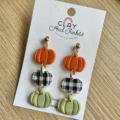 Buffalo Plaid Pumpkin Earrings Plaid Pumpkin, Fall Stuff, Sugar Sugar, Pumpkin Earrings, Earrings Color, Black Orange, Buffalo Plaid, Clay Earrings, Orange Black