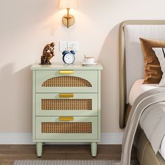 Wood Night Stand, 20-Inch Bedside Table Storage Cabinet with 3-Drawers Tribesigns Farmhouse Night Stand, Farmhouse Night, Rattan Accents, Green Nightstands, Rattan Nightstand, Style Vert, Table For Bedroom, Small Nightstand, Vintage Farmhouse Style