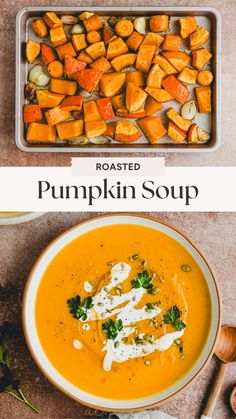 roasted pumpkin soup in a white bowl with parsley on top and the title overlay reads roasted pumpkin soup