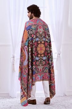 Black kashmiri wool silk shawl with kalamkari embroidery. - Aza Fashions Shawl For Men, Shawl Black, Embroidered Shawl, Kashmiri Shawls, Silk Shawl, Embroidered Silk, Black Wool, Aza Fashion, Shawl