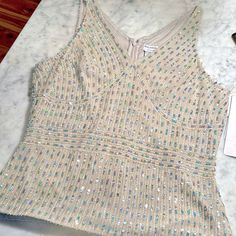 Amazing Neutral Sequin Staple Top That Goes With Any Style, Jeans Or Formal. Zips At Back. New With Tags. 22” Lomg, Chest Flat Pit To Pit Is 18” Staple Tops, Couture Top, Couture Tops, Style Jeans, Walker Boots, Blush Makeup, Garment Bags, Adrianna Papell, Rain And Snow Boots