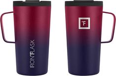 two red and blue travel mugs side by side with the same logo on them