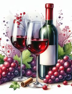 two glasses of wine and some grapes on a table with watercolor painting style background