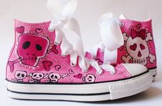 Custom Painted Pink Chucks with a Skullie Girl Goth Design. with Rhinestone crystals, These are one of my top selling Custom Sneakers, Converse Hi Tops designs. I can do these in a number of color combinations and can tweak the design custom for you! What a FUNKY shoe! Complete with crystal bling! No Two shoes are ever alike. So your shoes will be OOAK to a T. The possibilities are endless! This listing is for women sizes. I can do them in children sizes as well, please contact me for details as Converse For Girls, Painted Converse High Tops, Hot Pink Converse, Pink Chucks, Painted Converse, Girl Skull, Painted Sneakers, Style Converse, Gothic Shoes