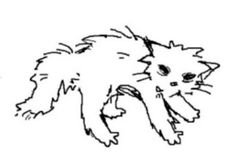 a black and white drawing of a cat's face with its tail curled up