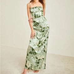 In Tea Garden Frankie Silk Dress, Floral Bridesmaid Dresses, Ankle Length Dress, Reformation Dress, Silky Dress, Tea Garden, Reformation Dresses, Green Floral Dress, Silk Maxi Dress