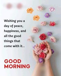 two hands reaching for flowers with the words good morning above them on a white background