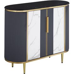 a black and white cabinet with gold trimmings on the doors, marble top