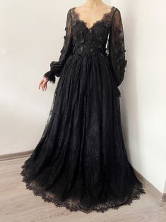 Black gothic 3D floral embroidered lace wedding dress | Etsy Lace Back Prom Gown, Scalloped Lace Gown For Gala And Prom Season, Scalloped Lace Gown For Gala During Prom Season, Wedding Evening Dress With Lace Sleeves, Lace Ball Gown With Lace Back, Lace Evening Dress With Patchwork For Prom, Prom Floor-length Scalloped Lace Evening Dress, Lace Patchwork Evening Dress For Wedding And Prom Season, Scalloped Lace Gown For Prom Season