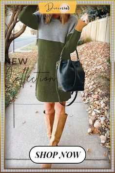 Loose Round Neck Paneled Mini Dress(5 Colors) Casual Fall Color Block Dresses, Color Block Mini Dress For Fall, Green Casual Color Block Dress, Casual Green Color Block Dress, Fall Color Block Mini Dress, Green Color Block Mini Dress, Casual Knee-length Color Block Mini Dress, Panel Dress, Knit Dress