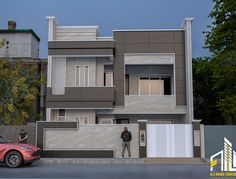 a red car parked in front of a two story building