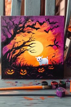 an acrylic painting of a white dog on a halloween night