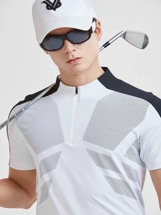 a young man wearing sunglasses and a hat with golf clubs on it's shoulders