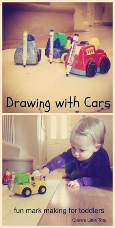 two pictures with the words drawing with cars on them and an image of a child playing with