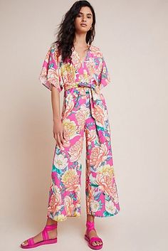 Farm Rio Eulalie Wide-Leg Jumpsuit Bell Sleeve Romper, Wide Leg Romper, Orange Fashion, Farm Rio, Printed Rompers, Sleeved Romper, Wide Leg Pants