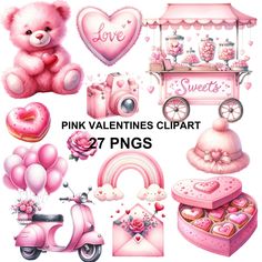 pink valentine's clipart with lots of hearts, balloons, and other items