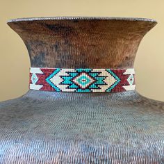 "Beaded Hat Band, 1 1/4\" Inch Wide Hatband, Hat Accessory, Leather Ties, Brown, Turquoise and Cream, Mayan Design, Handmade in Guatemala" Mayan Design, Diy Cement, Beaded Hat Bands, Native American Beadwork Patterns, Cowgirl Accessories, Hat Bands, Beaded Hat, Huichol Art, Native American Crafts