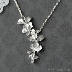 Dangling Orchid Silver Floral Necklace  (R4B-B2) Dainty Silver Flower Necklace For Her, Dainty Silver Flower Necklace Gift For Her, Dainty Silver Flower Necklace As A Gift For Her, Silver Flower Necklace With Adjustable Chain For Gift, Delicate Adjustable Silver Flower Necklace, Delicate Silver Flower Necklace For Her, Delicate Silver Flower Necklace Gift For Her, Delicate Silver Flower Necklace As Gift For Her, Delicate Silver Flower Necklace For Mother's Day