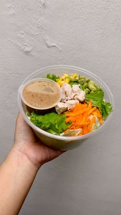 a hand holding a plastic bowl filled with salad and dressing on top of lettuce