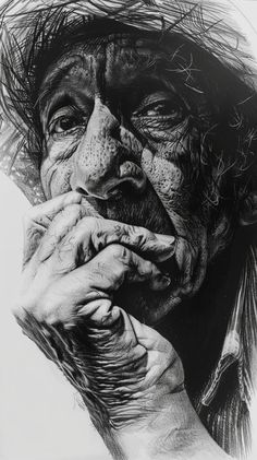 a black and white drawing of a man with his hands on his face