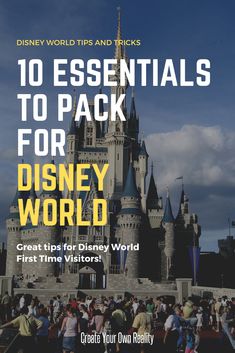 the front cover of disney world's guide to essentials and tricks, with an image of a castle in the background