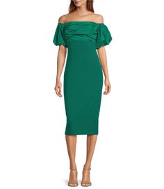 Belle Badgley Mischka Harlow Stretch Crepe Off-the-Shoulder Puffed Sleeve Dress | Dillard's Fitted Off Shoulder Dress With Draped Sleeves, Fitted Green Midi Dress With Draped Sleeves, Fitted Off-shoulder Dress With Gathered Sleeves, Chic Fitted Off Shoulder Dress With Draped Sleeves, Fitted Green Off-shoulder Midi Dress, Fitted Green Off Shoulder Midi Dress, Fitted Off-shoulder Puff Sleeve Dress, Evening Off Shoulder Dress With Puff Sleeves, Puff Sleeve Off-shoulder Dress For Evening