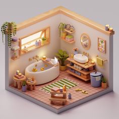 a room with a bathtub, potted plants and other items in the corner